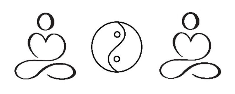 lineart van twee gestyleerde figuren die mediteren en een yin-yang symbool ertussen