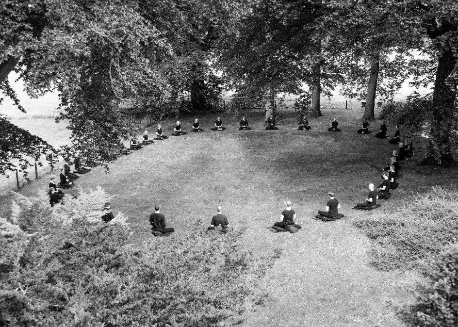 op een grasveld tussen hoge oude bomen mediteren de deelnemers aan een weeksesshin in 2021 in Lochem in een grote cirkel