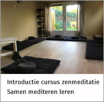 een rustig ingerichte ruimte met meditatiekussen en uitzicht naar de tuin