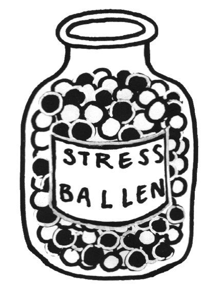 lineart een glazen fles met bollen erin, op het etiket staat stress ballen